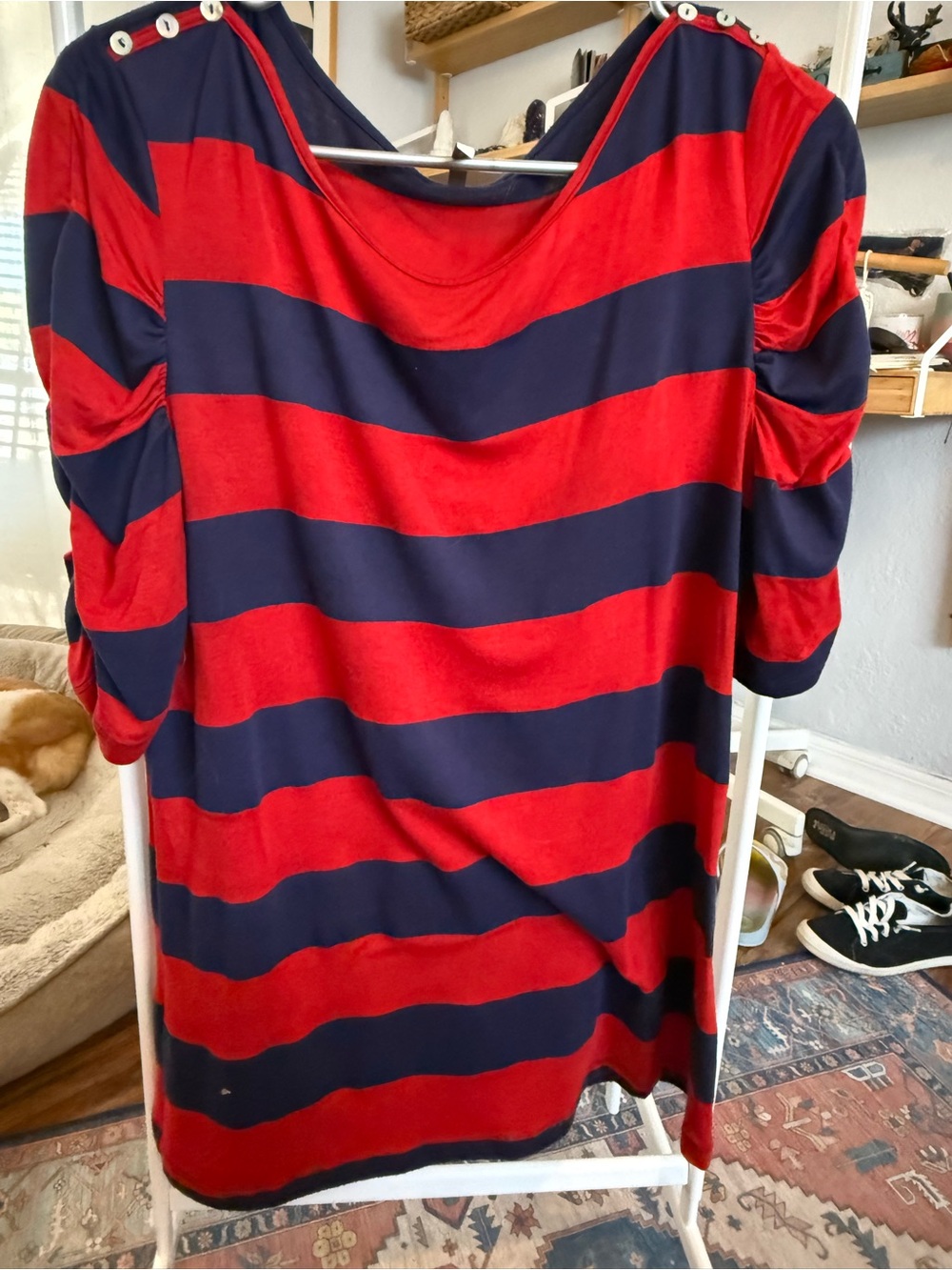 Red and Navy Striped Button-Shoulder Tunic
